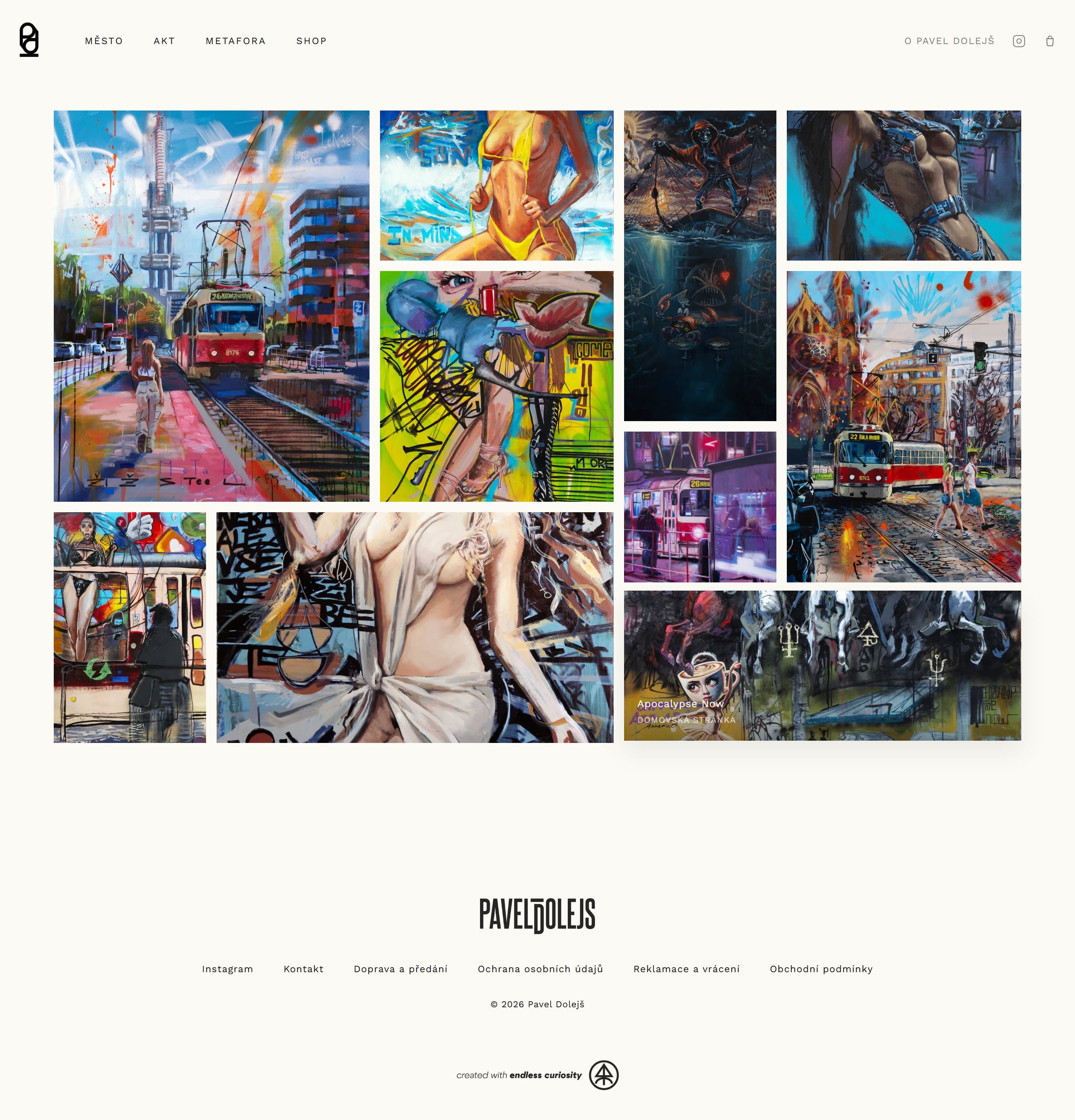 The paveldolejs.art homepage on a desktop screen: a grid of paintings below the navigation.